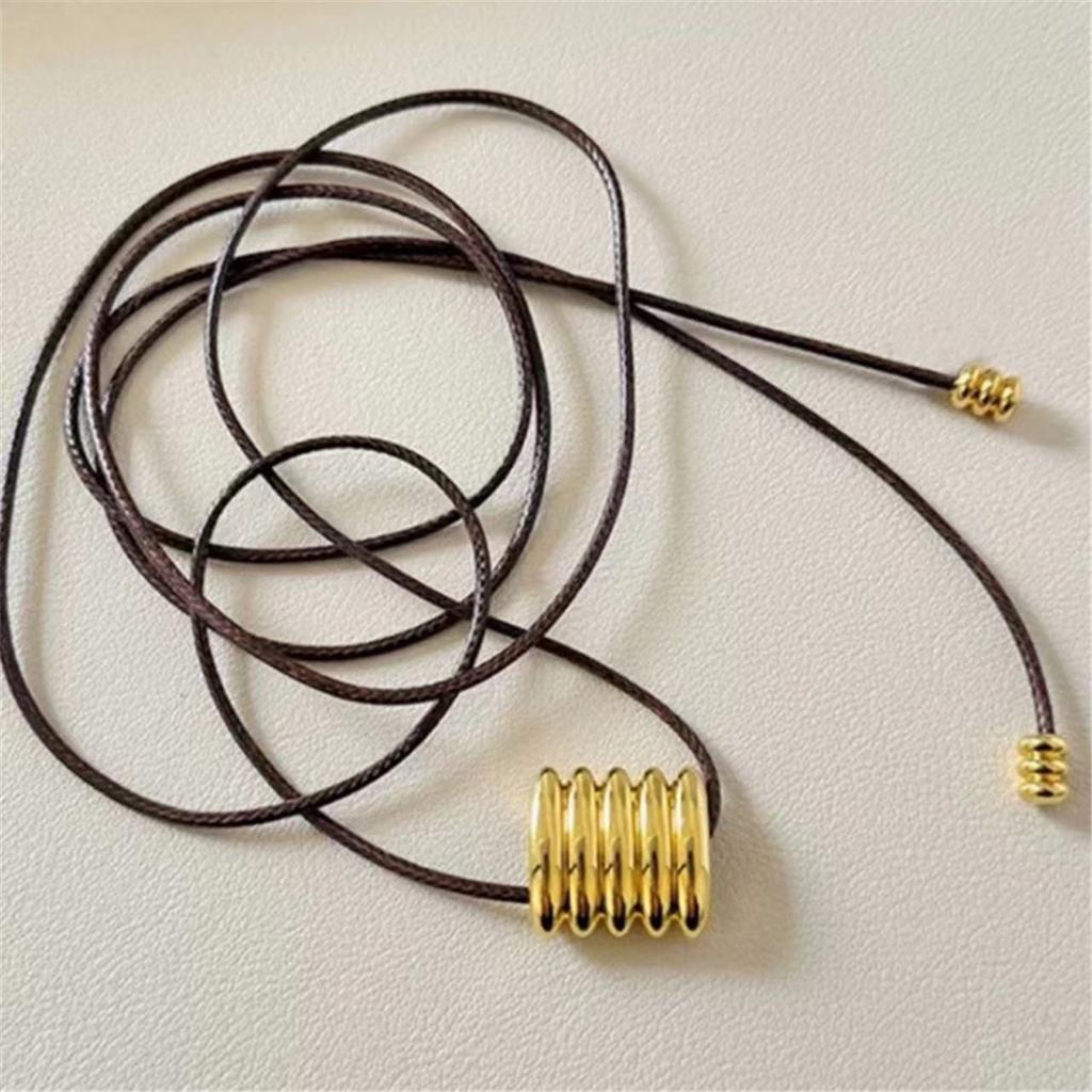 Tooxika Fashion Simple Square Circle Pattern Necklace Wax Rope Multi-Wear Long Collar Bone Sweater Chain