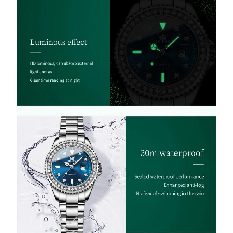 OLEVS Kvartsklokke for kvinner Diamond Dial Luxury Rustfritt stål Vanntett Elegant Dame Mote Topp Merke Dameklokke