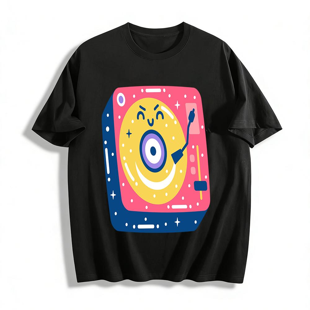 

Cute Vintage Record Player Print Casual Top Unisex Loose Breathable Trendy Short Sleeve T-Shirt Pure cotton T-shirt XXS