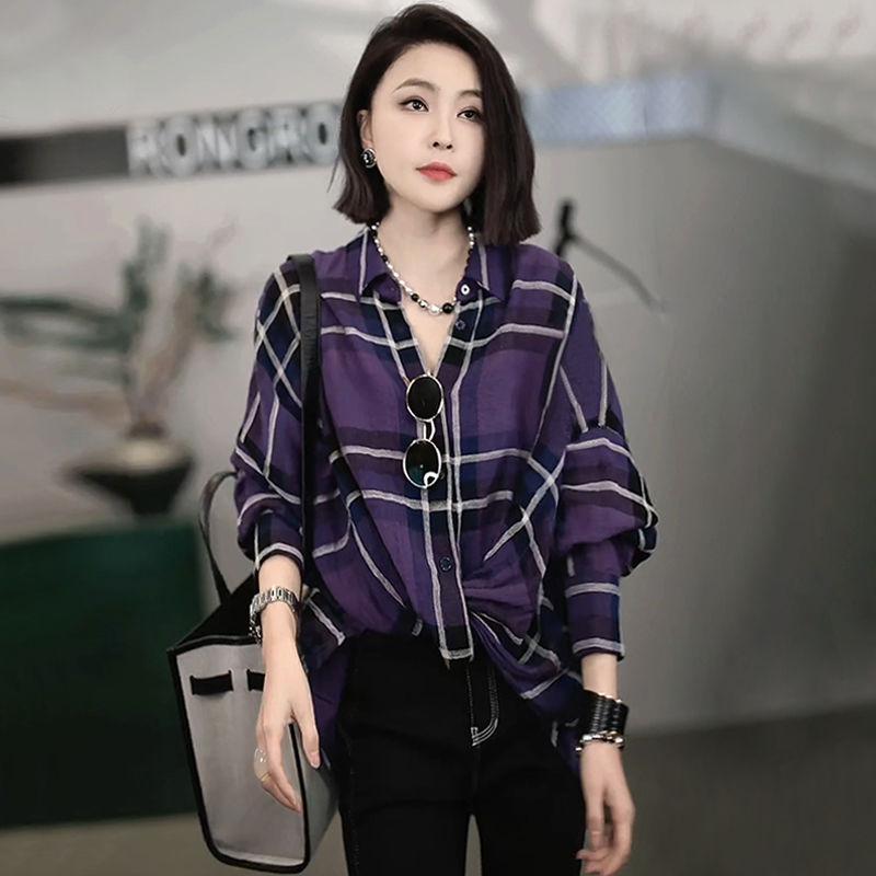 

Ретро Высококлассная Клетчатая Повседневная Рубашка Ленивого Стиля для Женщин Осень Для Поездок На Работу Универсальная Рубашка с Воротником Поло и Длинным Рукавом L фиолетовый