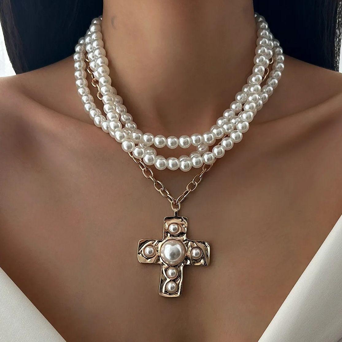 Various Household Supplies Women's Diezi Multilayer Vintage Imitation Pearl Cross Pendant Necklace For Punk Statement Chokers Clavicle Chain Necklace Jewelry