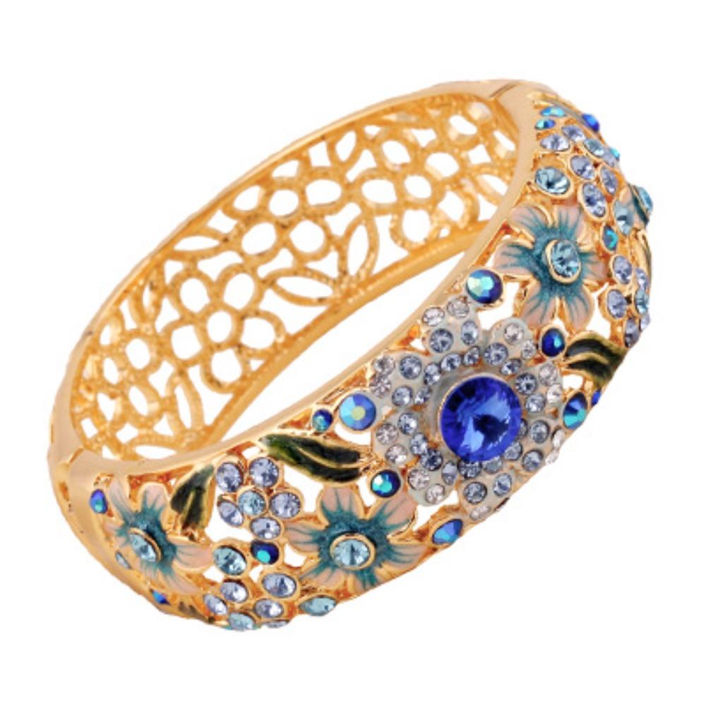Enamel Chinese Cloisonne Bracelet Rhinestone Women's Hand Bracelet Hollow Out Flower Bangle  Gifts