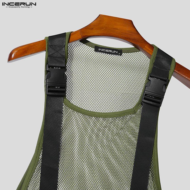 INCERUN Men Summer Sleeveless Mesh See Through Stitching Long Tank Tops