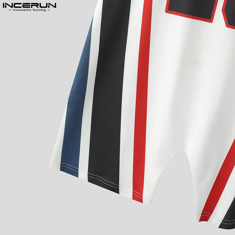 INCERUN Men Low Cut Sleeveless Letter Striped Print Home Wear Jumpsuits Rompers