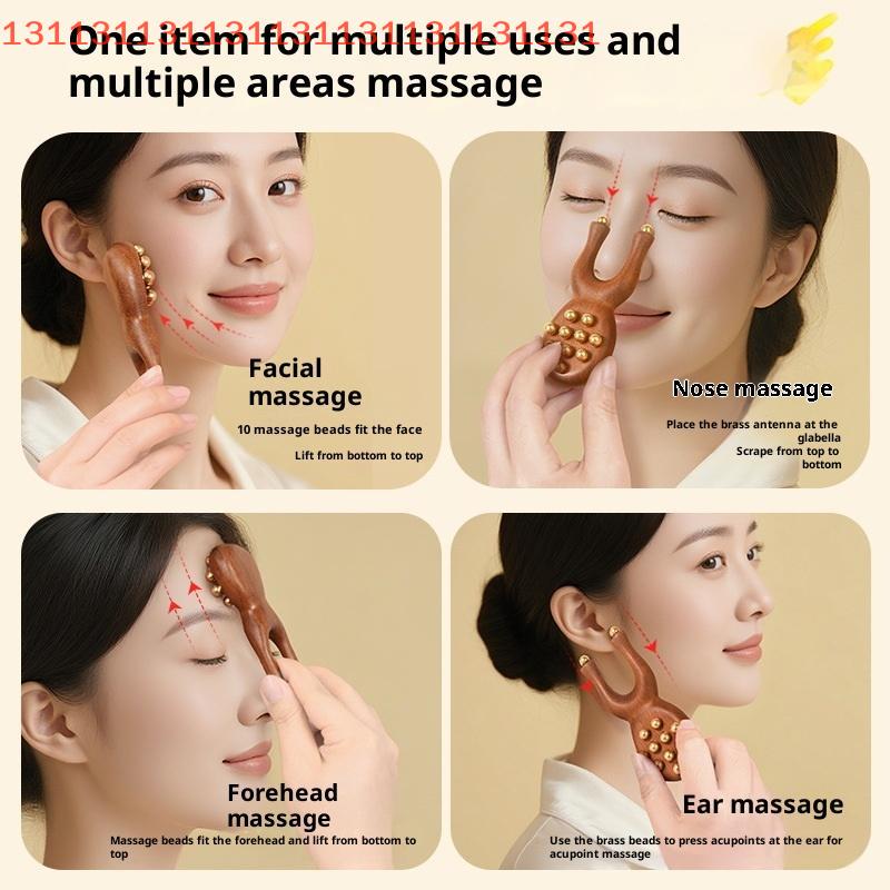 12 Copper Beads Guasha Face Massager Tool Sandalwood Handle Fascia Lifting Face Manual Massager Anti Static Frog Shape Handheld
