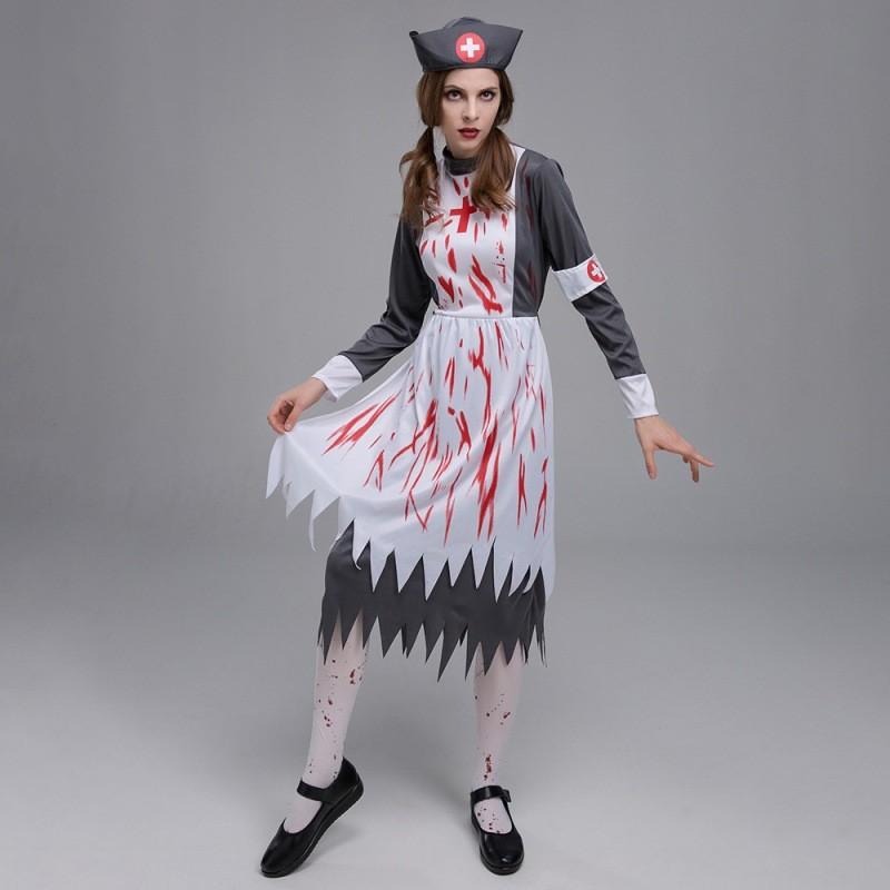 Elegantes Zombie-Krankenschwester-Kostüm aus Polyester für Damen mit Kleid und Hut für Halloween-Spaß