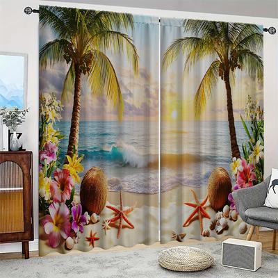 2PC Home Coconut Tree Sea View Curtains With Landscape Background And Pole Pocket Curtains, Kitchen, Coffee Shop, Living Room, B