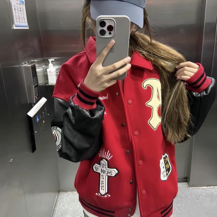 

Couple s Le Wan Bang Unisex Baseball Jacket - Spring/Autumn, Loose Fit, Plus Size, Casual for Students 2X-Large красный
