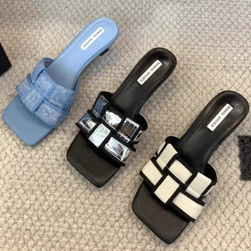 Fashion Fashion Mixed Color Kitten Heel Slippers Women Sexy Open Toe Square Toe Light Cozy Slide Sandals Summer Elegant Beach Flip Flops