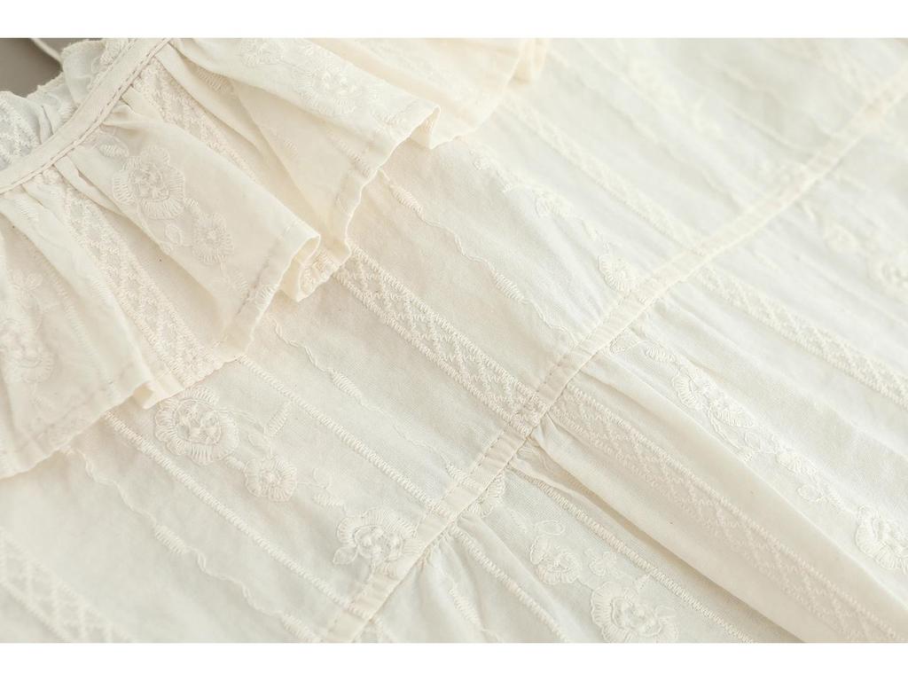 Women's Mori Girl Style Cotton Shirt with Ruffled Lace Collar, Tie-up Long Sleeves, and Heavy Embroidery