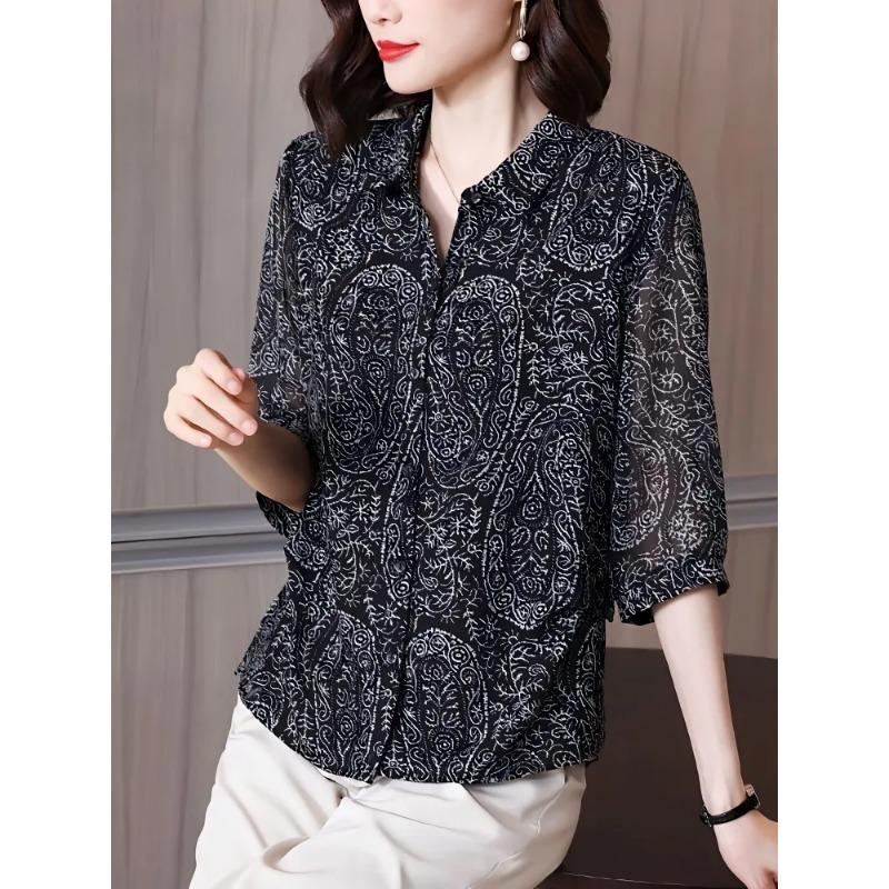 Chiffon Short Wide Lady Summer Dress New National Style Retro Three-quarter Sleeve Mom Style Floral Shirt Top