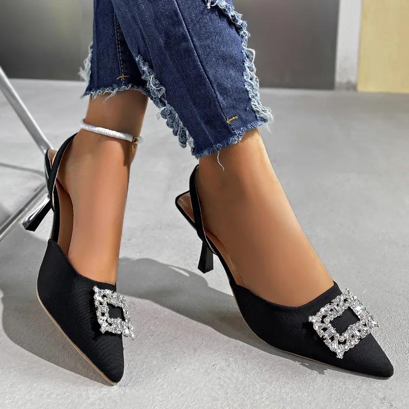 Fashion Luxury Rhinestone Women's Sandals 2025 New Brand Designer Womenswear Sexy Pointed High Heels Elegant Slip on Party Dress Sandals