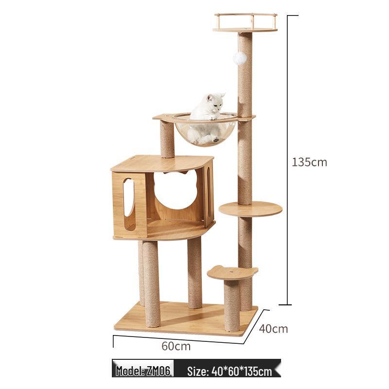 Large Wooden Cat Tree & Scratching Post with Space-Saving Design - Integrated Climbing Frame & House