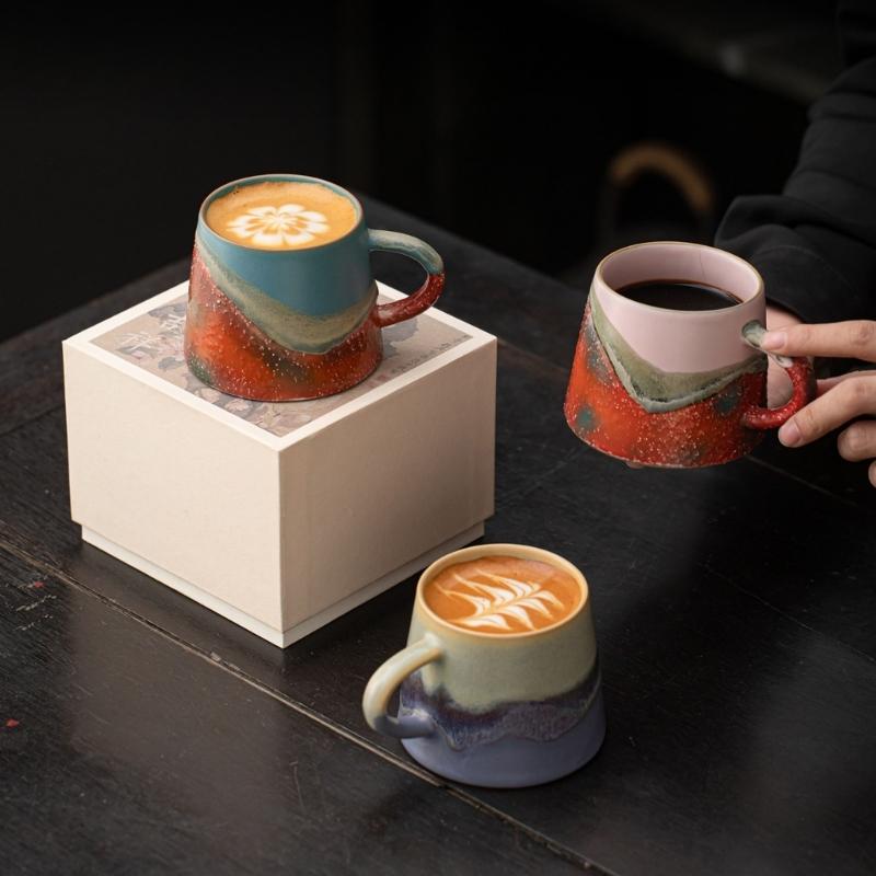 Handmade-Look Coffee Mugs 8Oz Ceramic Art Cup with Wide Base and Handle for Homes Office Beverage Use and Teatimes