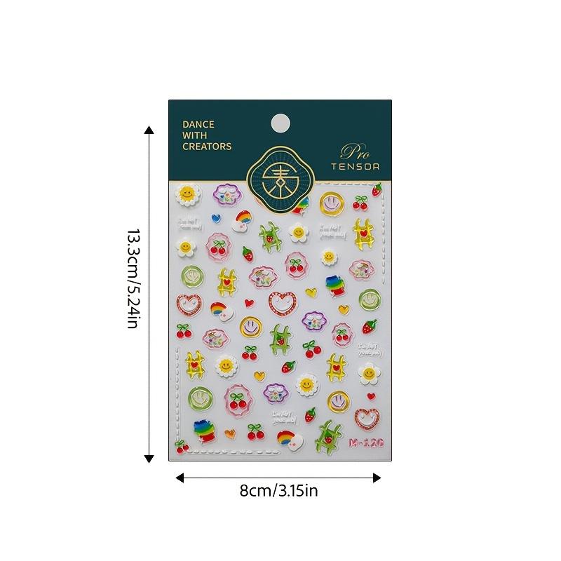 Summer Dopamine 3D Jelly Glue Nail Art Stickers, Cartoon Patterns with Heart, Cherry, Sunflower, Plastic Self-Adhesive for DIY Manicure