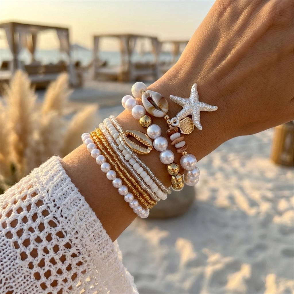 Bohemian Starfish Turtle Shell Beaded Bracelet Set for Women Handmade Multilayer Stacked Bracelets Summer Beach Party Jewelry