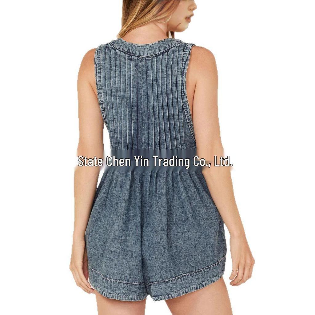 Trendy European & American Women's Mid-Summer Denim Jumpsuit - Pure Cotton, Washed, Pleated, Deep V Lace-Up Shorts