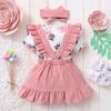 3Pcs Baby Girl Beautiful Flower Bodysuit Ruffled Shoulder Strap skirt+Headband Set 0-24 Months Toddler Baby Girl Summer Set