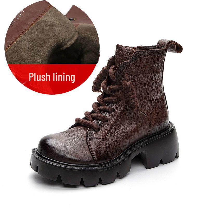 Dámské vintage kotníkové boty z hovězí kůže s měkkou podrážkou a širokou špičkou, plus sametová bavlna na podzim.