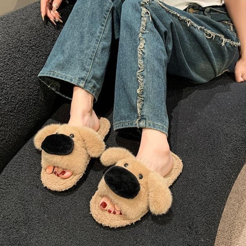 Fashion Women One Word Slippers Autumn Winter Cute Cartoon Lightweight Comfortable Plush Shoes Indoor Warm Non Slip Home Cotton Slippers