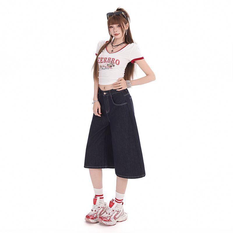 Fashion Denim Dark Blue High Waist Loose Wide Leg Cropped Capri Denim Pants For Women Trendy Versatile Slimming FigureFlattering Casual Capri Trousers