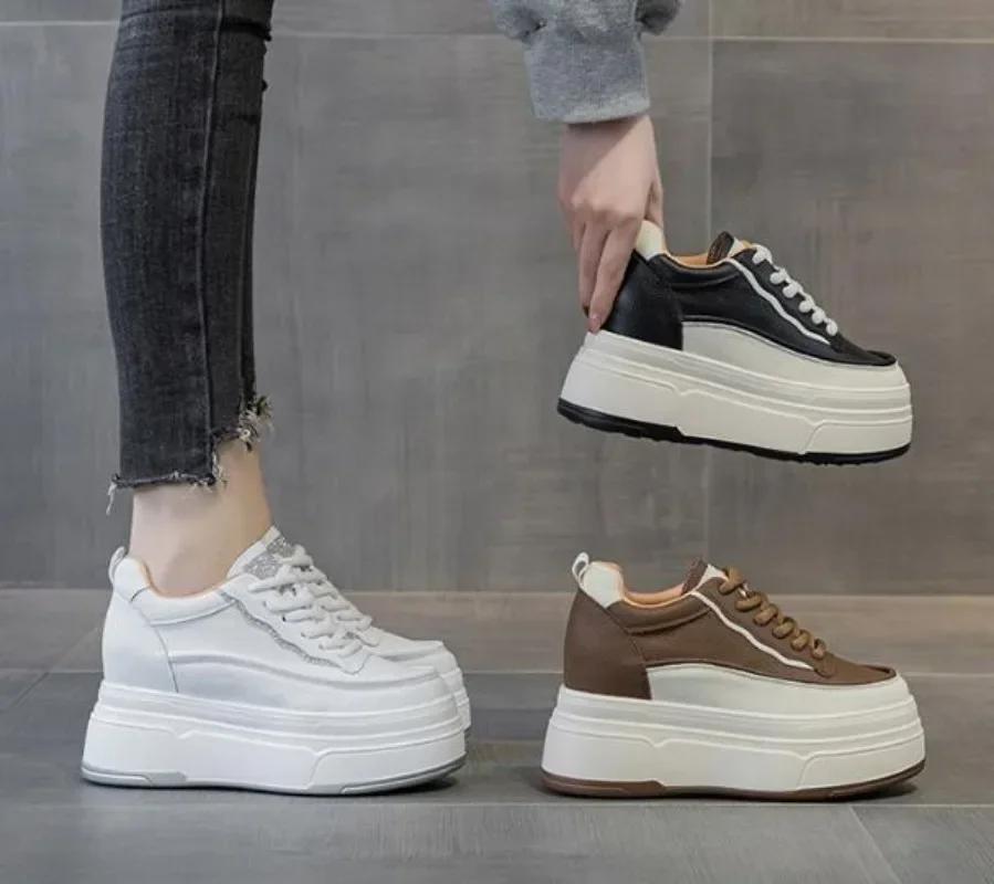 Fashion 9cm Synthetic Genuine Leather Spring Chunky Sneakers Shoes Women Combat Autumn Warm Winter Ankle Platform Wedge Booties