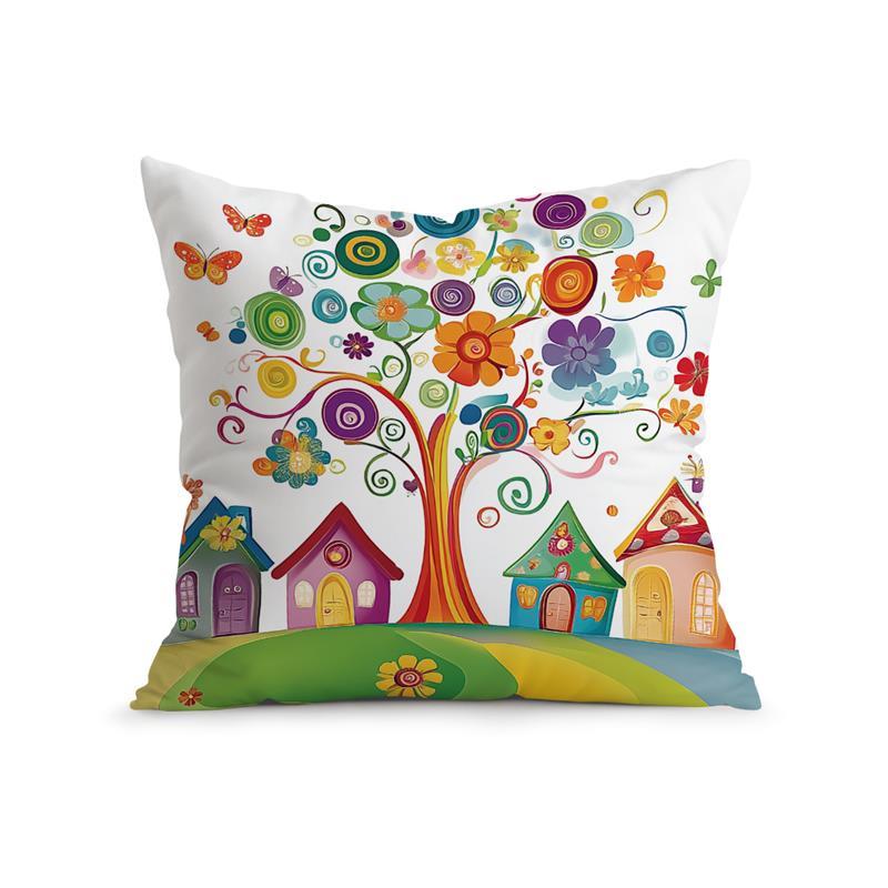 Colorful Trees Houses Pillowcase Printed 100% Polyester 45X45Cm Throw Pillowcover Decorative Sofa Cushion Pillowslip Home Decor