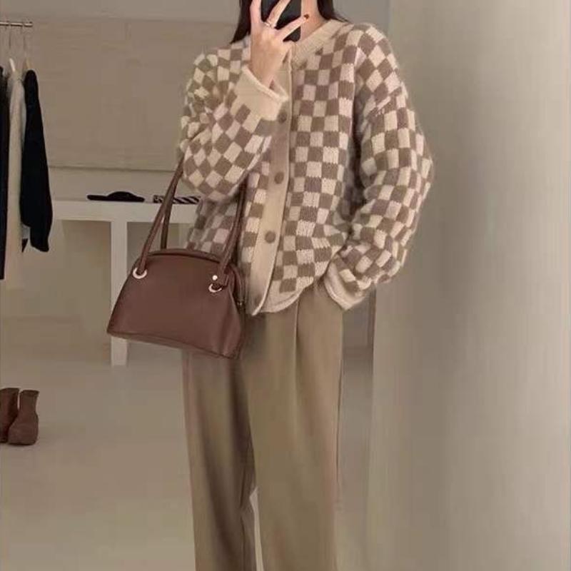 Autumn Cardigan Sweater 2022 New Women Loose Slouchy Chessboard Sweater O Neck Wear Knitted Cardigan Vintage Sweater Top Coat