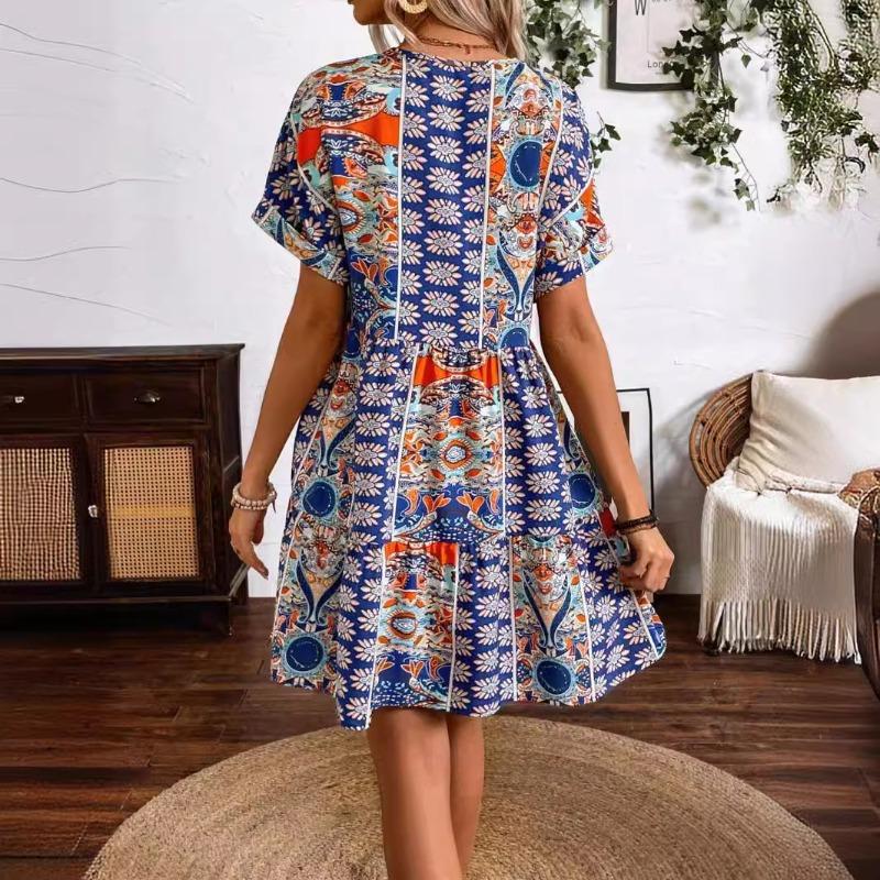 Women's Vintage Floral Print V-neck High-waisted Batsleeve Holiday Dress