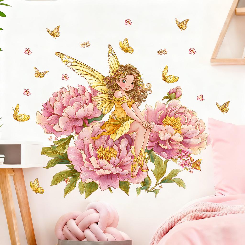 Creative Cartoon Hand Painted Flower Fairy with Butterflies Wall Sticker Self-Adhesive Removable for Kids Room Home Decor