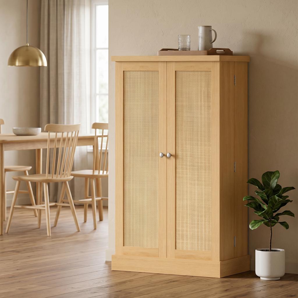 104 Cm Rattan Kitchen Cabinet with 5-Tier Shelf, 12 Spice Racks and Adjustable Shelves, Natural
