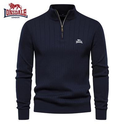 Geborduurd Opstaande Kraag Katoenen Herentrui Casual Halve Rits Effen Kleur Pullover Hoge Kwaliteit Heren Gebreide Trui