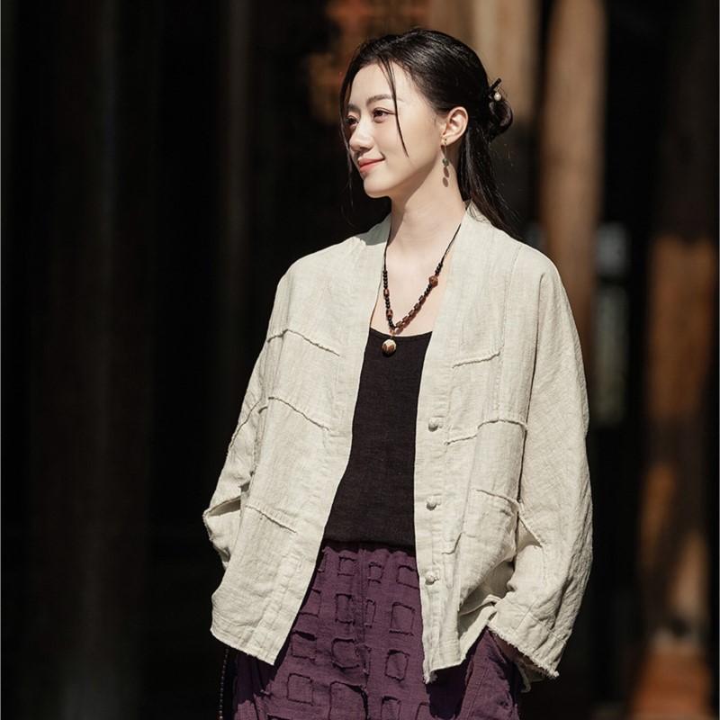 

Johnature Women Vintage Stand Bat Sleeve Spring Autumn Patchwork Button Loose Coats One Size бежевий