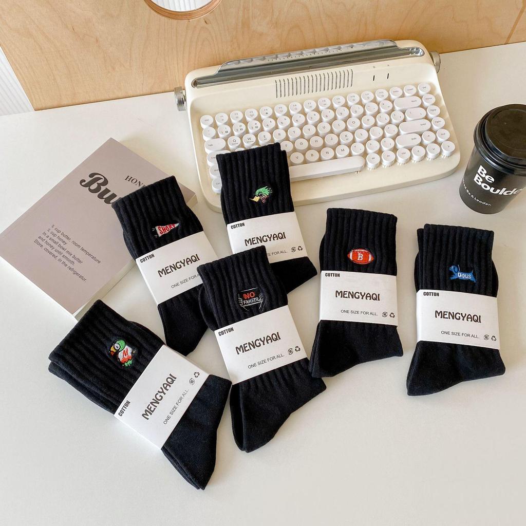 Men's Trendy Mid-High Cotton Socks with Polar Bear Embroidery - Black & White Sports Long Socks