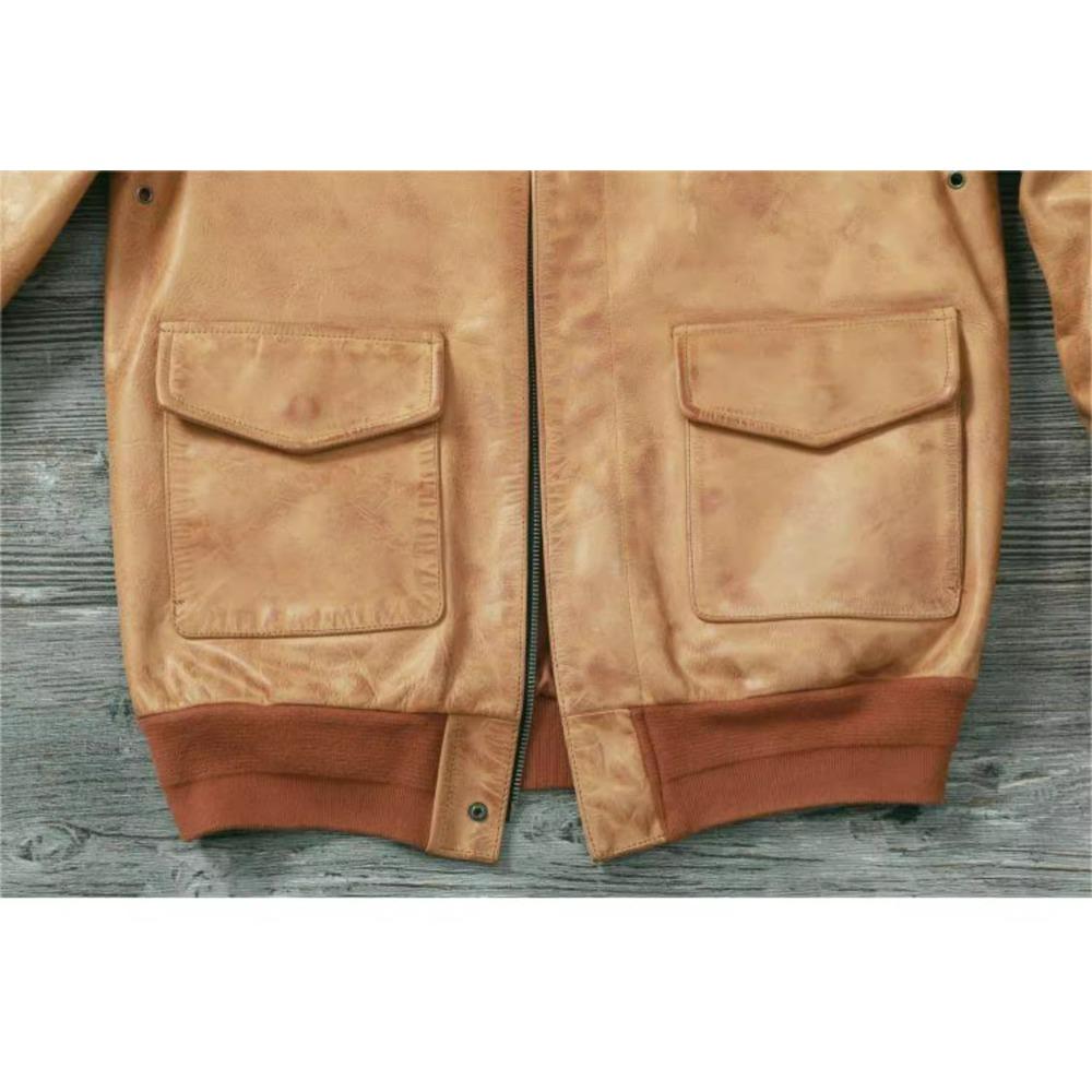 Čínská velikost Klasická letecká bunda A2 Pilotní bunda Vintage Špinavě žlutá Voskovaná hovězí kůže Bunda z pravé kůže Muži Letecké bundy Pánské kabáty