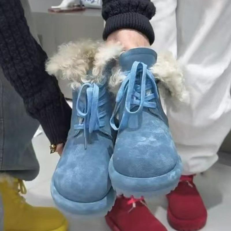 Platform Fluffy Snow Boots Versatile New Vintage Lace-Up Fleece Warm Round Toe Non-Slip Booties