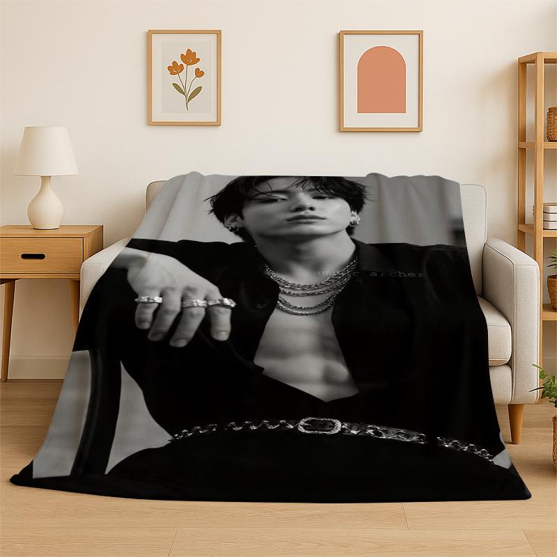 Kpop B-BTS Jeon Jung Kook JK Flannel Blanket Soft Warm Throw Blanket for Bedroom Living Room Bed Travel Camping Picnic Gift