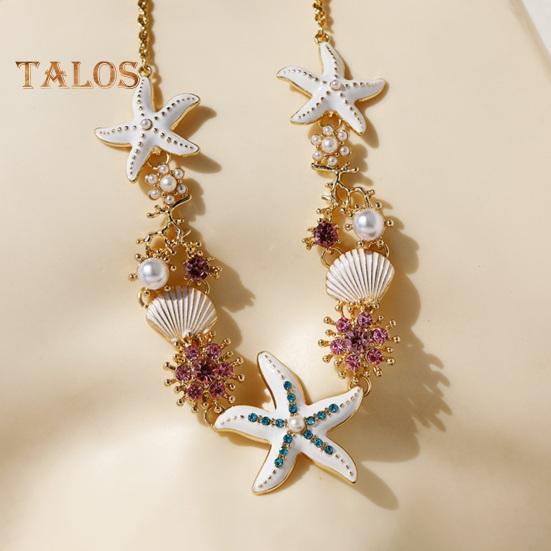 Exaggerated Women Necklace Ocean Theme Starfish Coral Shell Hollow Out Faux Pearl Rhinestone Decor Adjustable Length Lady Vacation Beach Neck Jewelry