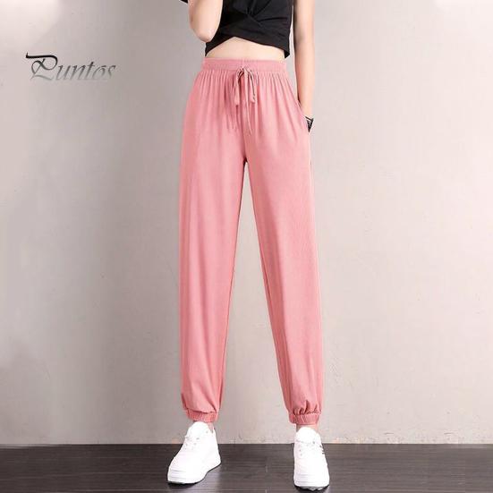 Summer Thin Ice Silk Sports Pants Elastic Drawstring Waist Pockets Casual Sweatpants Solid Color Loose Fit Fitness Trousers Streetwear