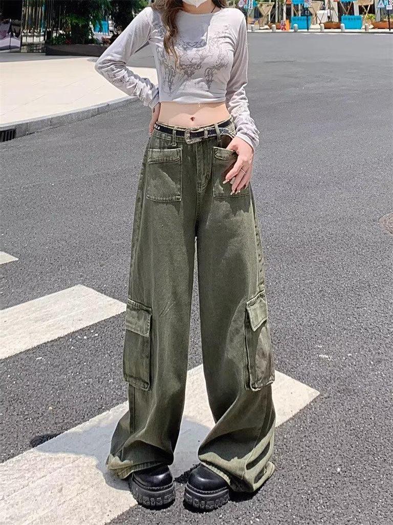 Plus Size High Waist Army Green Slimming Cargo Pants - 2025 Hip-Hiding Loose Straight Leg Jeans