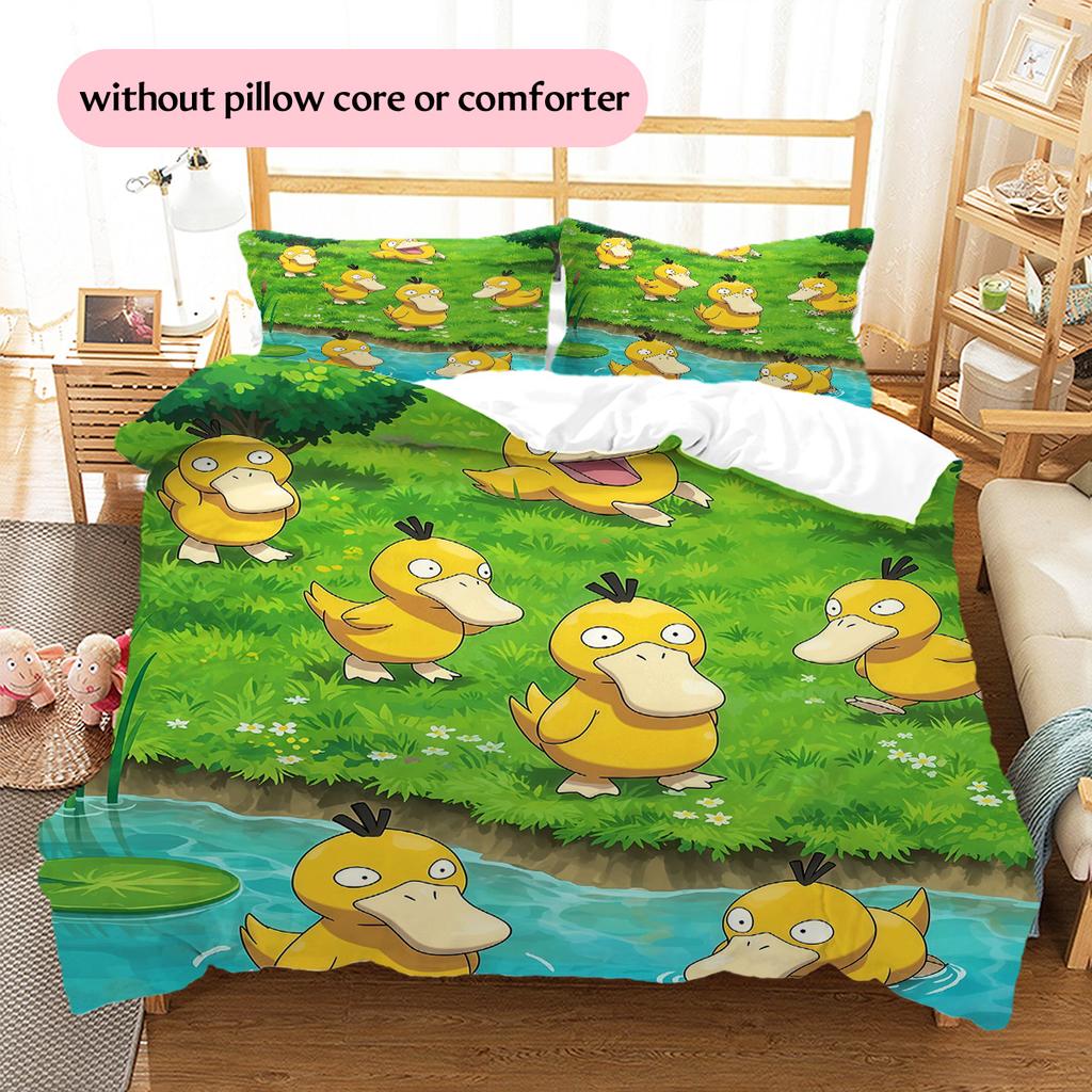 Psyduck Pattern Bedding Quilt Set Home Decoration Gift (1 * duvet cover + 2 * pillowcase without core).xwn