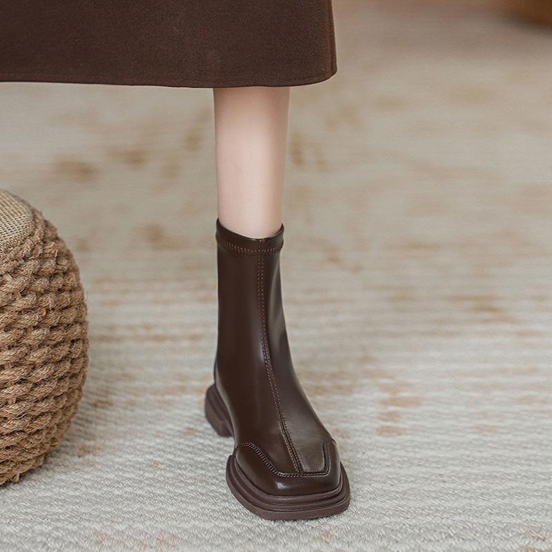Brown Leather Martin Boots Women's New Autumn Elastic Thin Boots Square Head Short Boots