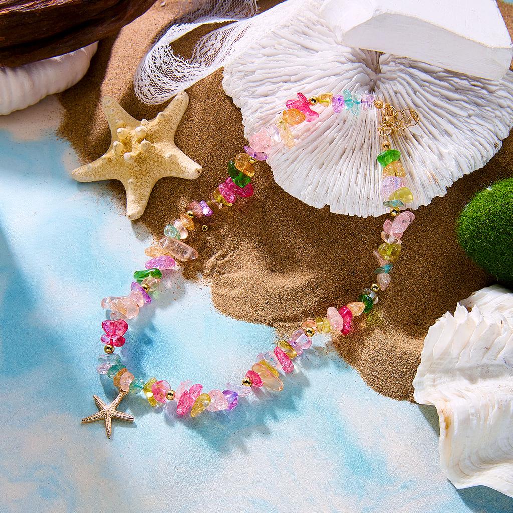 Bohemian Colorful Natural Crushed Stone Choker for Women Creative Crystal Beaded Starfish Pendant Necklace Beach Jewelry Gift