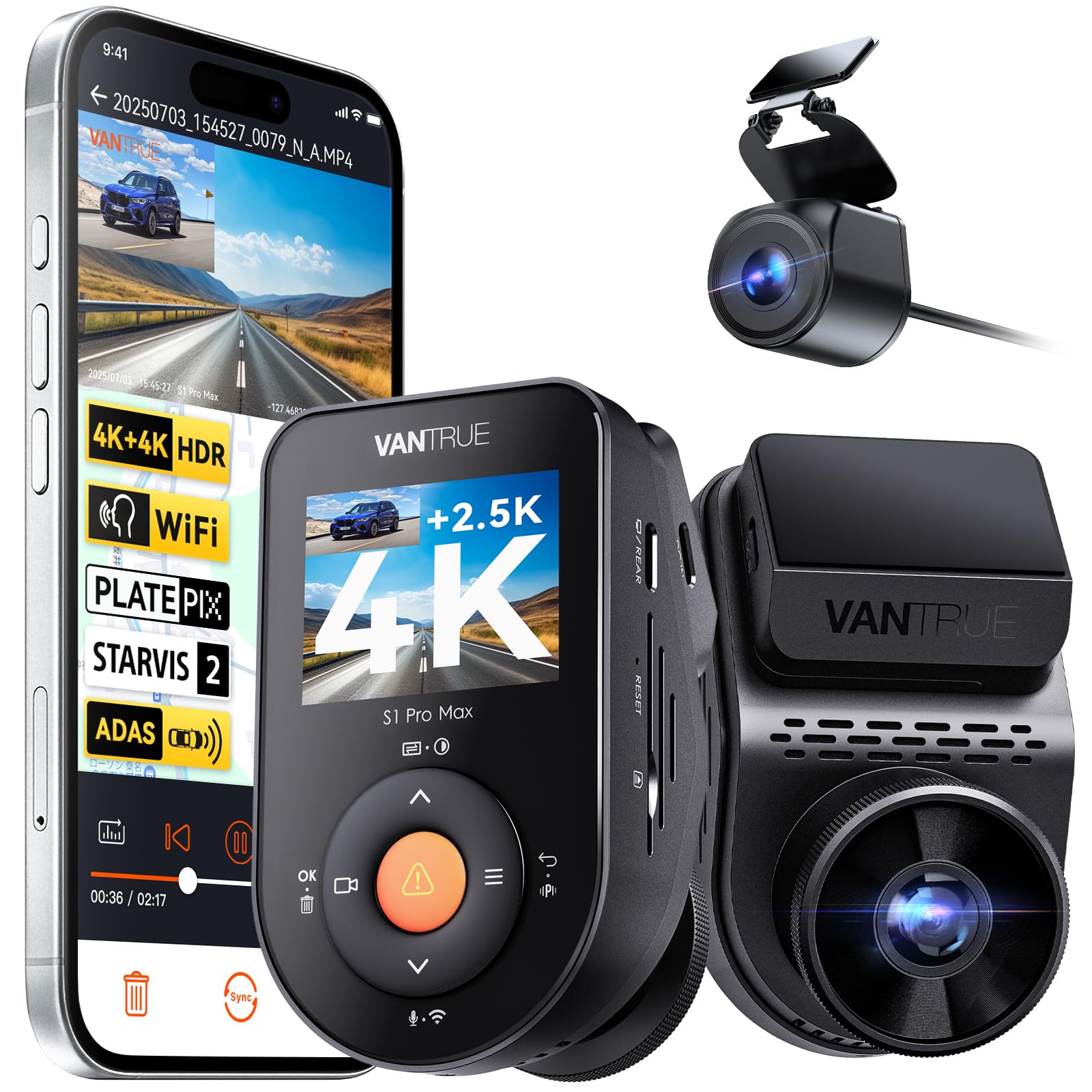 

VANTRUE S1 Pro Max Dash Cam with Front and Rear Cameras with Sony STARVIS Dual Sensors Front and Rear Night Enhanced License Plate IP67 Waterproof