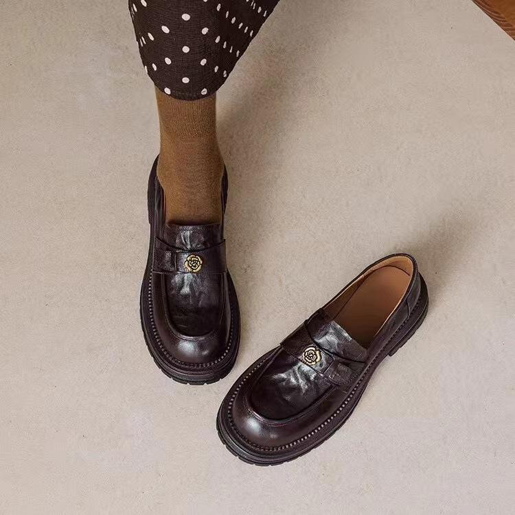 Cowhide version~ Retro camellia thick-heeled loafers women's leather round head one-pedal British style platform small leather shoes