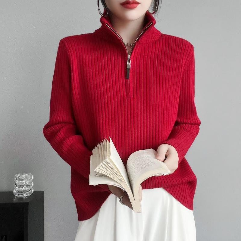 

Осень Зима Однотонный Пуловер Молния Длинный Рукав Свитер Вязаный Элегантная Женская Одежда Полуоткрытый Воротник Всепогодные Топы XXXL красный