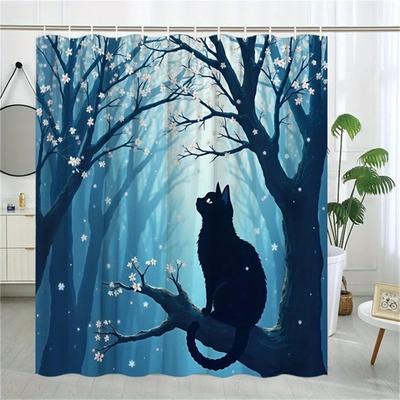 Mystischer Nachtwaldkatzen-Duschvorhang - Wasserabweisend, Leicht zu Reinigen, Verleiht Ihrem Badezimmerdekor einen Magischen und Ruhigen Touch