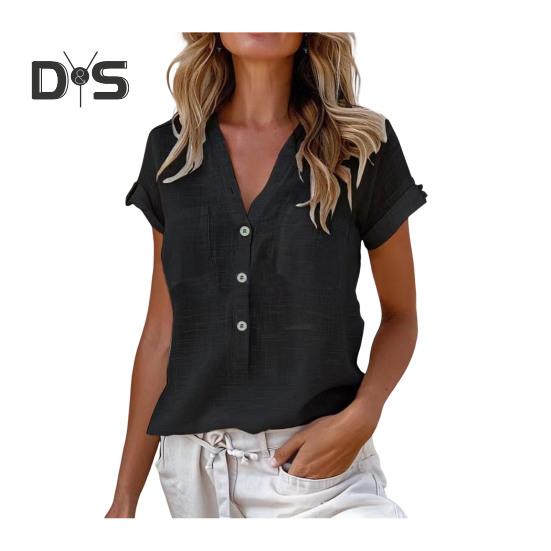 Camisa de Mujer Cuello en V Botones Medio Tapeta Manga Corta Camisa Tops Color Sólido Bolsillos de Parche Ajuste Holgado Camisa Casual de Verano