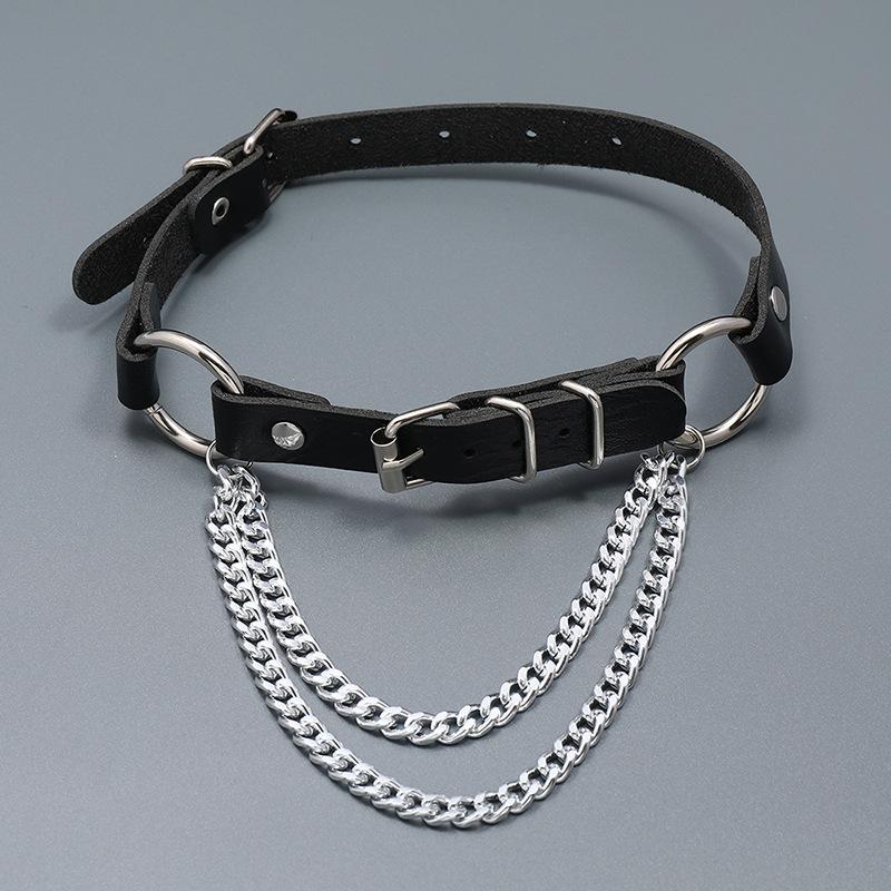 Platinum Plated Link Chain PU Leather Choker Women's High Quality Sexy Punk Goth Jewelry Club Buckle