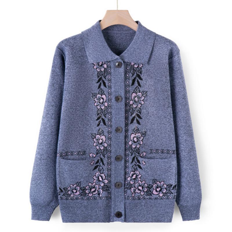 Pulover tricotat cu revere de toamnă pentru bunică, cardigan pentru vârstnici, jachetă pulover, îmbrăcăminte de toamnă și iarnă pentru femei în vârstă